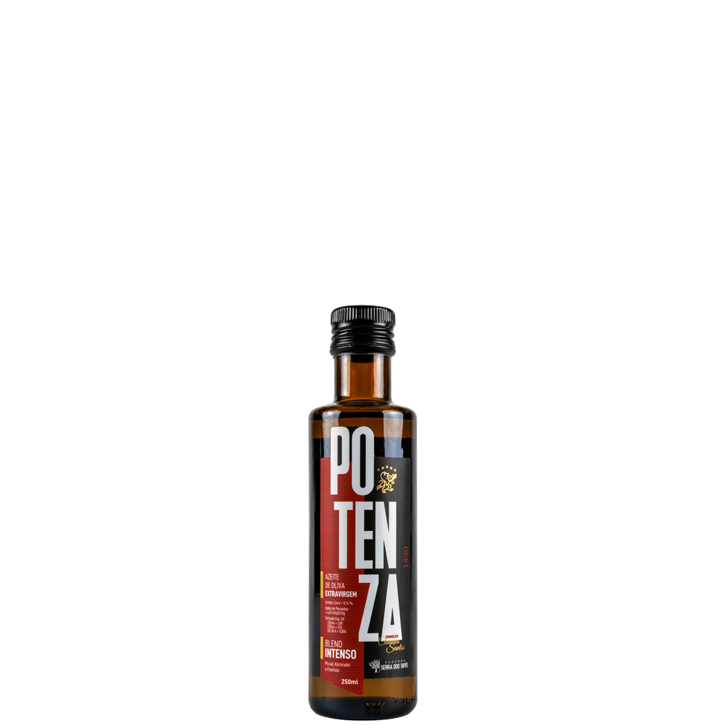 Garrafa de vidro escuro com rótulo moderno em preto e detalhes vermelhos do Azeite Potenza Blend Intenso.